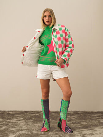 Xint Kırık Beyaz Esnek Dokulu Oversize Mont