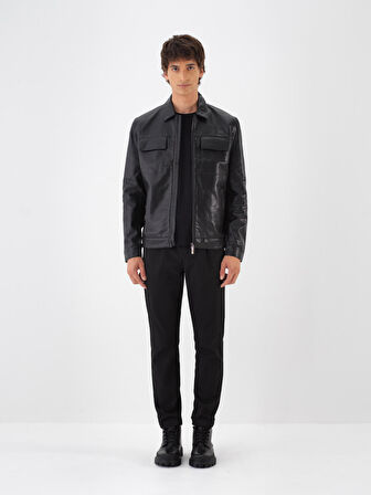 Xint Siyah Deri Görünümlü Regular Fit Mont