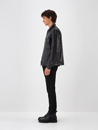 Xint Siyah Deri Görünümlü Regular Fit Mont