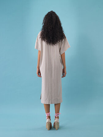 Taş Rengi Oversize Keten Elbise