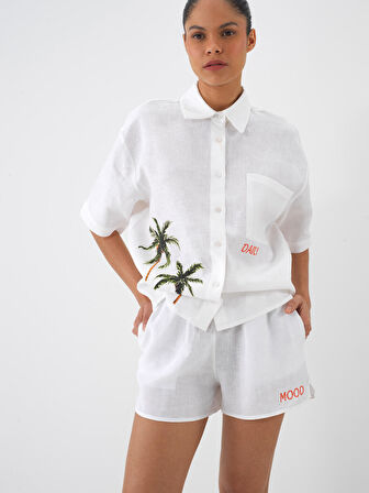 Beyaz Oversize Keten Şort