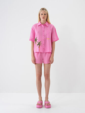 Pembe Oversize Keten Şort