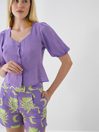 Lila Regular Fit Keten Bluz