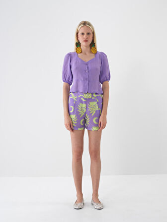 Lila Regular Fit Keten Bluz