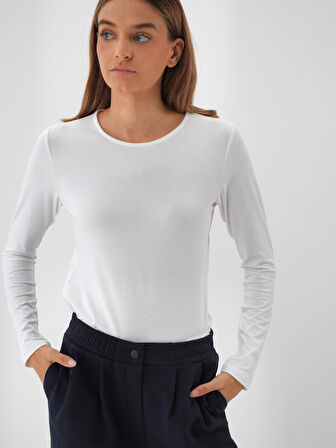 Xint Beyaz Modal Dokulu Slim Fit Uzun Kollu Tişört