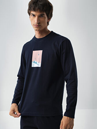 Xint Lacivert Pamuk Dokulu Regular Fit Uzun Kollu Tişört