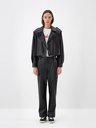 Xint Siyah Deri Görünümlü Regular Fit Pantolon