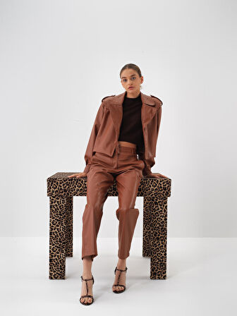 Xint Camel Deri Görünümlü Regular Fit Pantolon