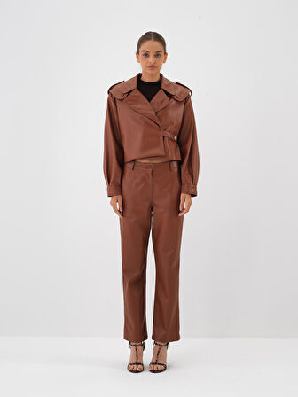 Xint Camel Deri Görünümlü Regular Fit Pantolon