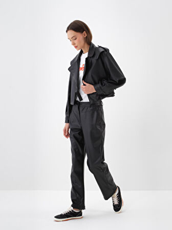 Xint Siyah Deri Görünümlü Oversize Ceket