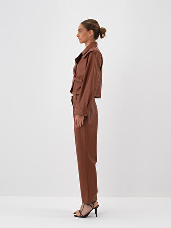 Xint Camel Deri Görünümlü Oversize Ceket