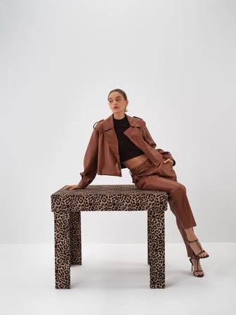 Xint Camel Deri Görünümlü Oversize Ceket