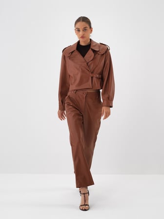 Xint Camel Deri Görünümlü Oversize Ceket