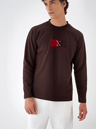 Xint Kahverengi Pamuk Dokulu Regular Fit Uzun Kollu Tişört