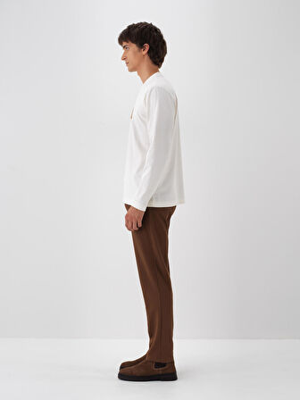 Xint Ekru Pamuk Dokulu Regular Fit Uzun Kollu Tişört