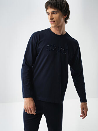 Xint Lacivert Pamuk Dokulu Regular Fit Uzun Kollu Tişört