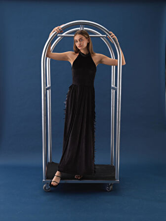 Xint Siyah Lüks Dokulu Soft Kadife Oversize Elbise