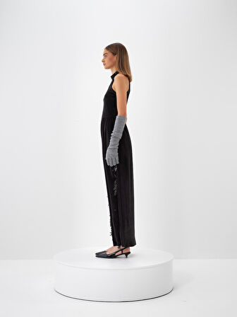 Xint Siyah Lüks Dokulu Soft Kadife Oversize Elbise