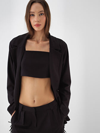 Xint Siyah Esnek Dokulu Oversize Ceket