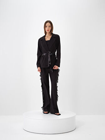 Xint Siyah Esnek Dokulu Oversize Ceket