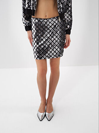 Xint Siyah Lüks Dokulu Pullu Kadife Regular Fit Etek