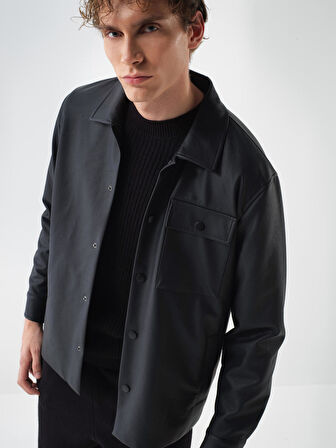 Xint Siyah Deri Görünümlü Regular Fit Ceket