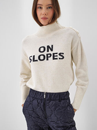 Xint Ekru Doğal Yün Dokulu Oversize Kazak