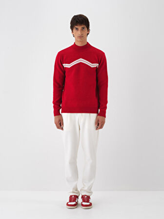 Xint Kırmızı Doğal Yün Dokulu Regular Fit Kazak