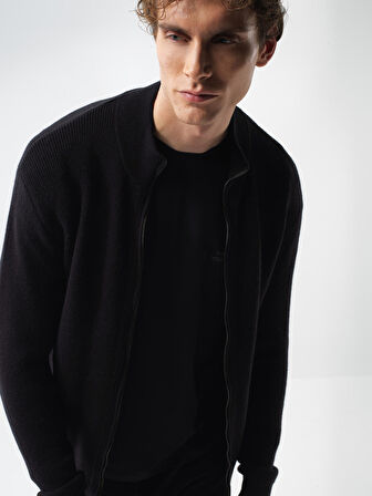 Xint Siyah Doğal Yün Dokulu Regular Fit Hırka