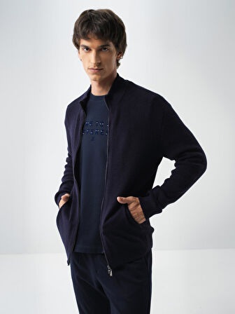 Xint Lacivert Doğal Yün Dokulu Regular Fit Hırka