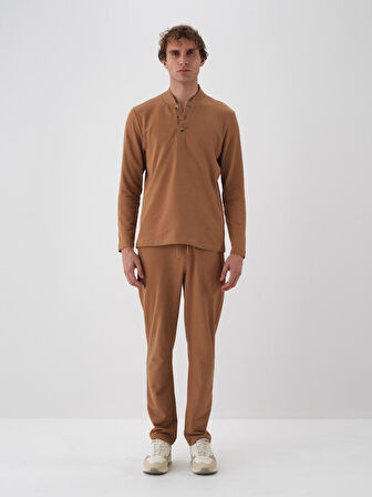 Xint Camel Pamuk Dokulu Regular Fit Uzun Kollu Tişört