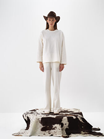 Xint Ekru Pamuk Dokulu Oversize Sweat Pantolon