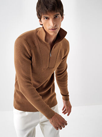 Xint Camel Doğal Yün Dokulu Regular Fit Kazak