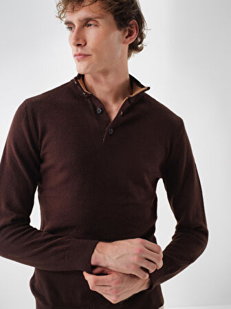 Xint Kahverengi Doğal Yün Dokulu Regular Fit Kazak