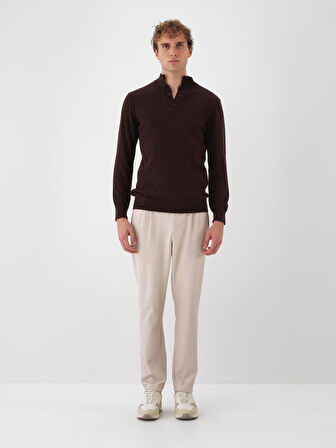 Xint Kahverengi Doğal Yün Dokulu Regular Fit Kazak