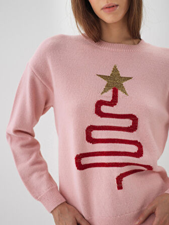 Xint Pembe Doğal Yün Dokulu Oversize Kazak