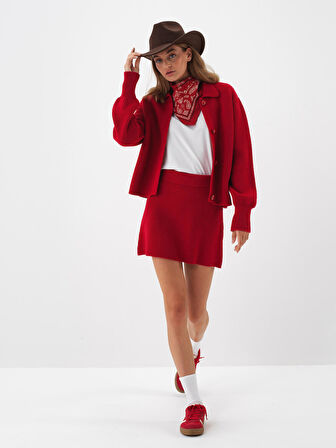 Xint Kırmızı Doğal Yün Dokulu Regular Fit Etek