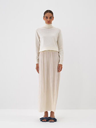 Xint Ekru Doğal Yün Dokulu Oversize Kazak