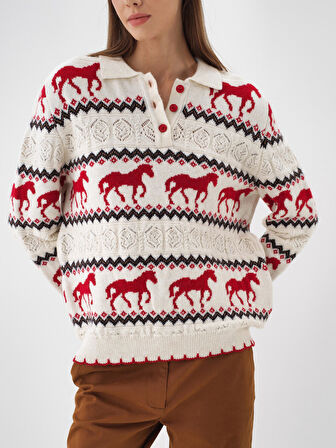 Xint Ekru Doğal Yün Dokulu Regular Fit Kazak