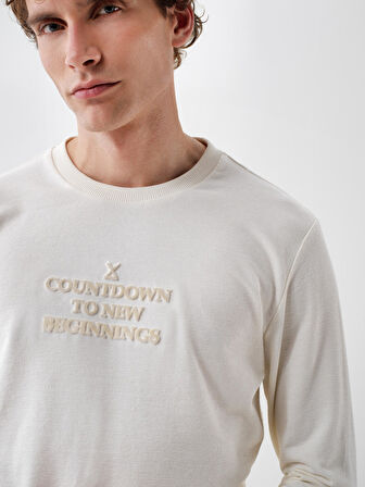 Xint Ekru Pamuk Dokulu Regular Fit Uzun Kollu Tişört