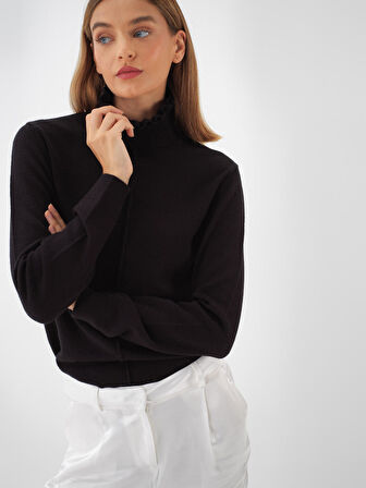 Xint Siyah Doğal Yün Dokulu Slim Fit Kazak