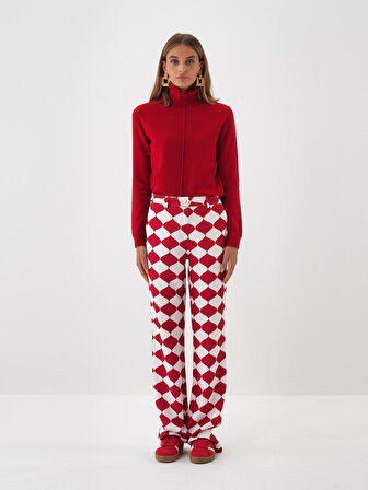 Xint Kırmızı Doğal Yün Dokulu Slim Fit Kazak