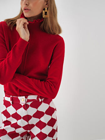 Xint Kırmızı Doğal Yün Dokulu Slim Fit Kazak