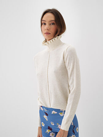 Xint Ekru Doğal Yün Dokulu Slim Fit Kazak