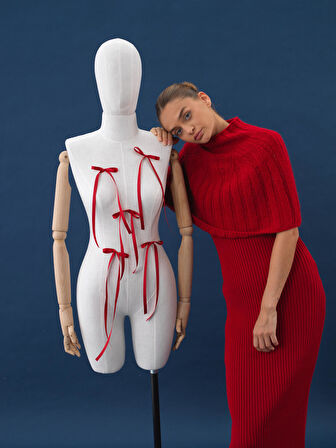 Xint Kırmızı Doğal Yün Dokulu Regular Fit Elbise