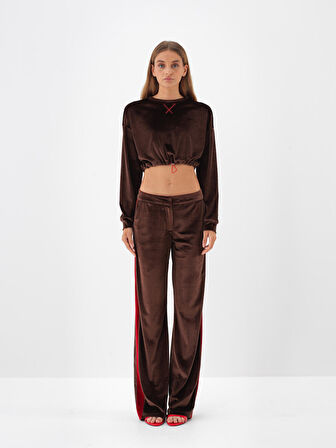 Xint Kahverengi Lüks Dokulu Soft Kadife Oversize Sweatshirt