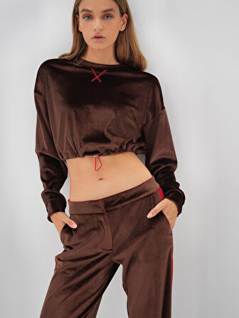 Xint Kahverengi Lüks Dokulu Soft Kadife Oversize Sweatshirt