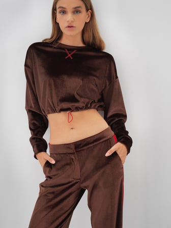 Xint Kahverengi Lüks Dokulu Soft Kadife Oversize Sweatshirt