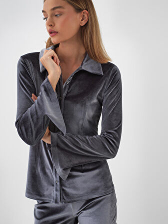 Xint Antrasit Lüks Dokulu Soft Kadife Slim Fit Gömlek