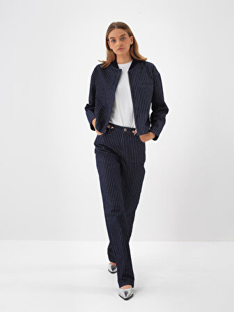 Xint Lacivert Pamuk Dokulu Oversize Pantolon
